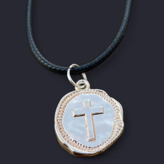 HANDMADE Gothic Cross Necklace with black Faux Leather cord - Coin shaped cross pendant - Cool & Chic Antique Cross Pendant - Punk Emo Boho Tribal jewelry style