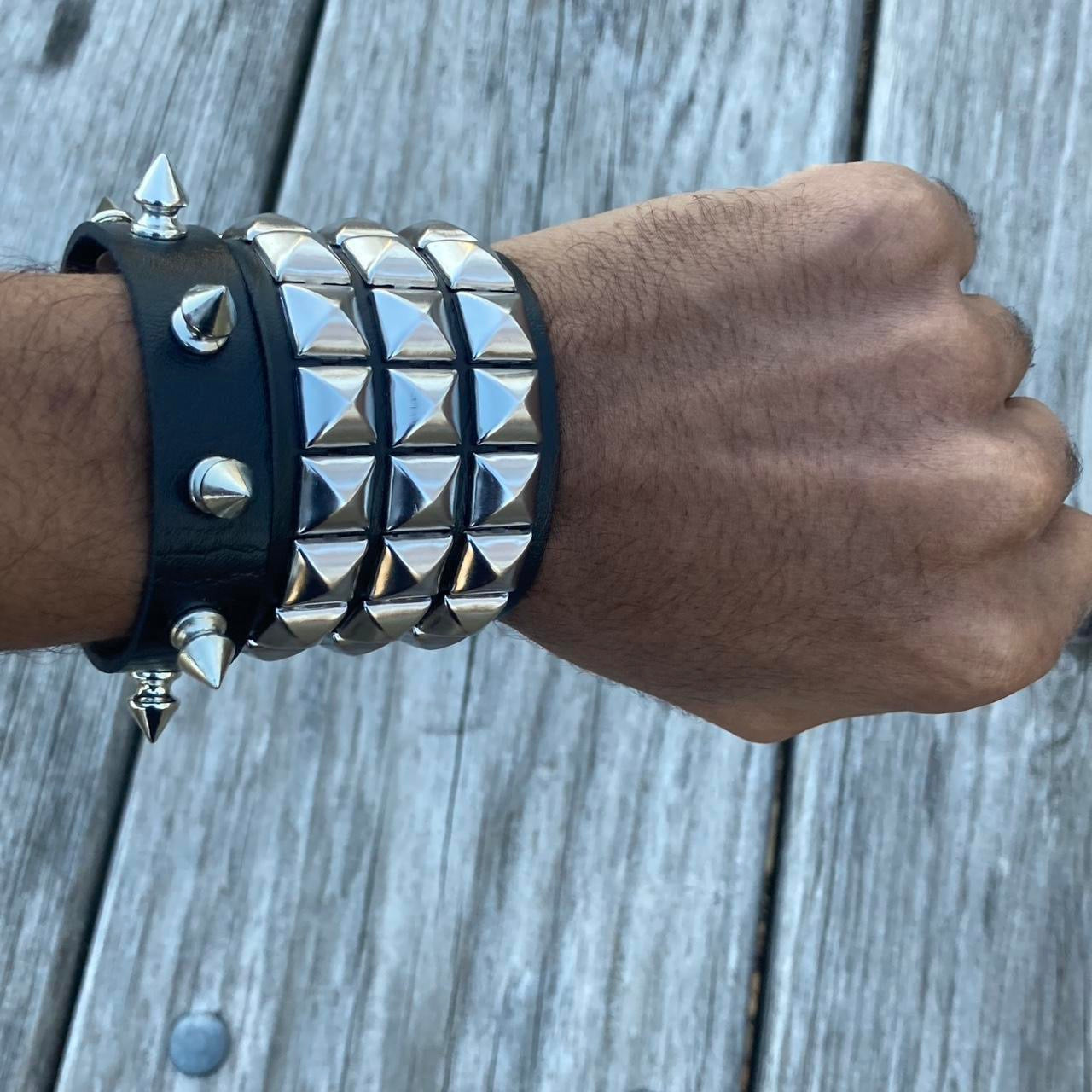2 PCs faux leather spike studded Bracelets — Silver spike bracelets and silver studded bracelet - Adjustable Punk Cuff Bangle wristband Jewelry Rock —Gothic Punk alternative Emo Grunge Y2K wristbands jewelry