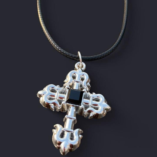 HANDMADE Gothic Silver Cross with Black stone Necklace with black Faux Leather cord - cross pendant - Cool & Chic Antique Cross Pendant - Punk Emo Boho Tribal jewelry style - Adjustable