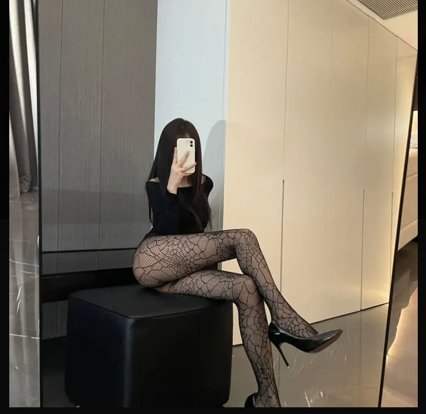 Spider Jacquard Tights, Gothic Punk Style High Waist Hollow Fishnet Pantyhose, Women's Stockings & Hosiery