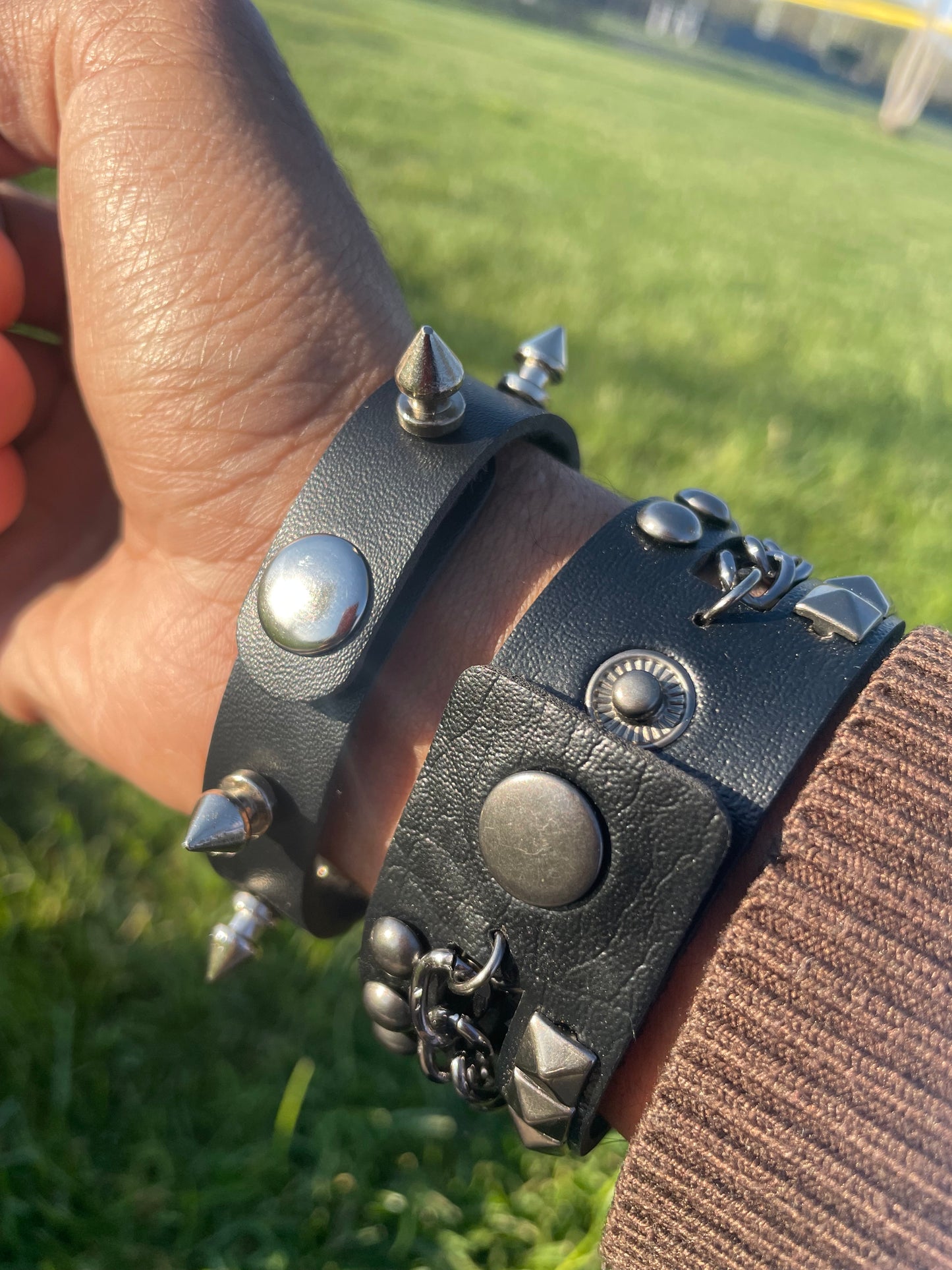 2 PCs punk gothic silver spiked studded and black chain bracelets grunge emo boho Y2K wristbands jewelry