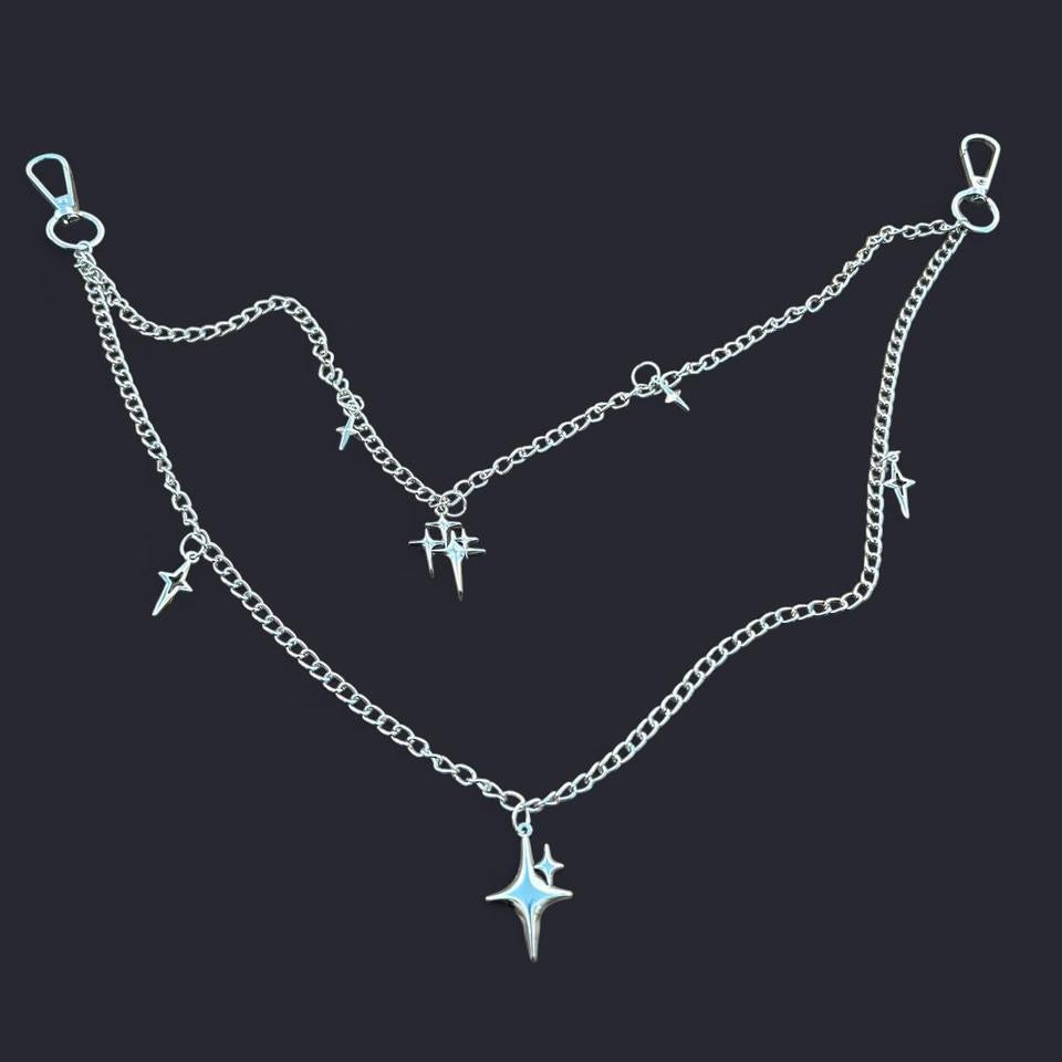 Gothic Punk Stars Double-layer Pants Chain , Fashion Emo Grunge  Hip-hop Silver Wallet chain  , Tribal boho wallet chain style , Y2K stars