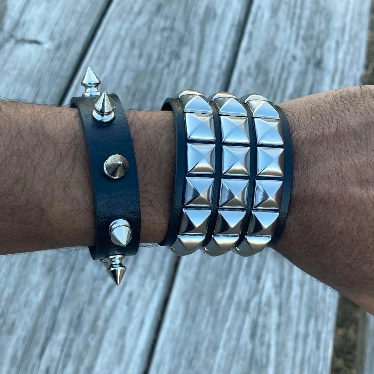 2 PCs faux leather spike studded Bracelets — Silver spike bracelets and silver studded bracelet - Adjustable Punk Cuff Bangle wristband Jewelry Rock —Gothic Punk alternative Emo Grunge Y2K wristbands jewelry