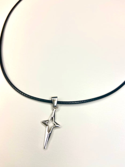 Y2K Punk Silver star pendant Faux leather necklace , Gothic Grunge jewelry necklaces , Emo rock accessories