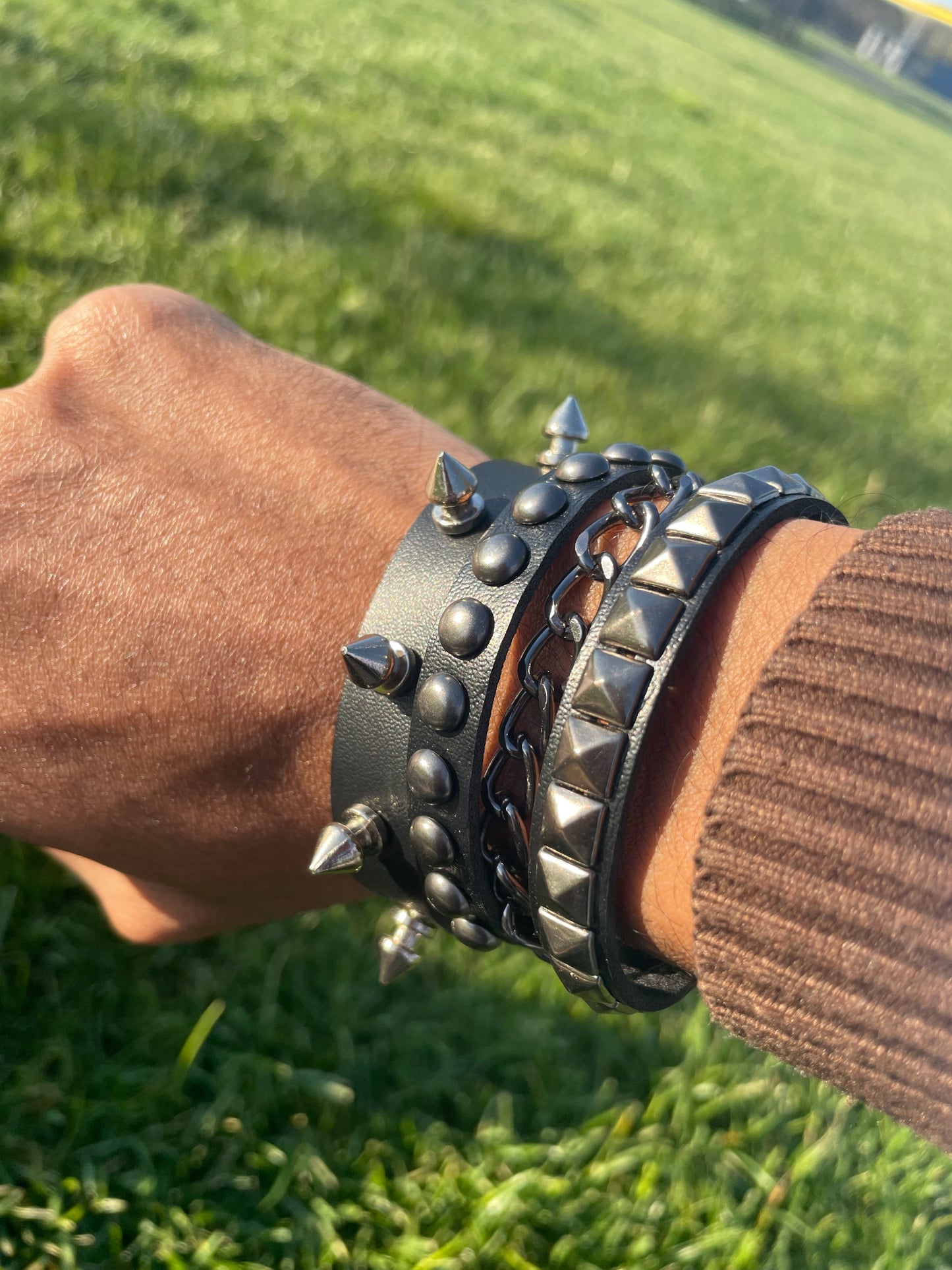 2 PCs punk gothic silver spiked studded and black chain bracelets grunge emo boho Y2K wristbands jewelry