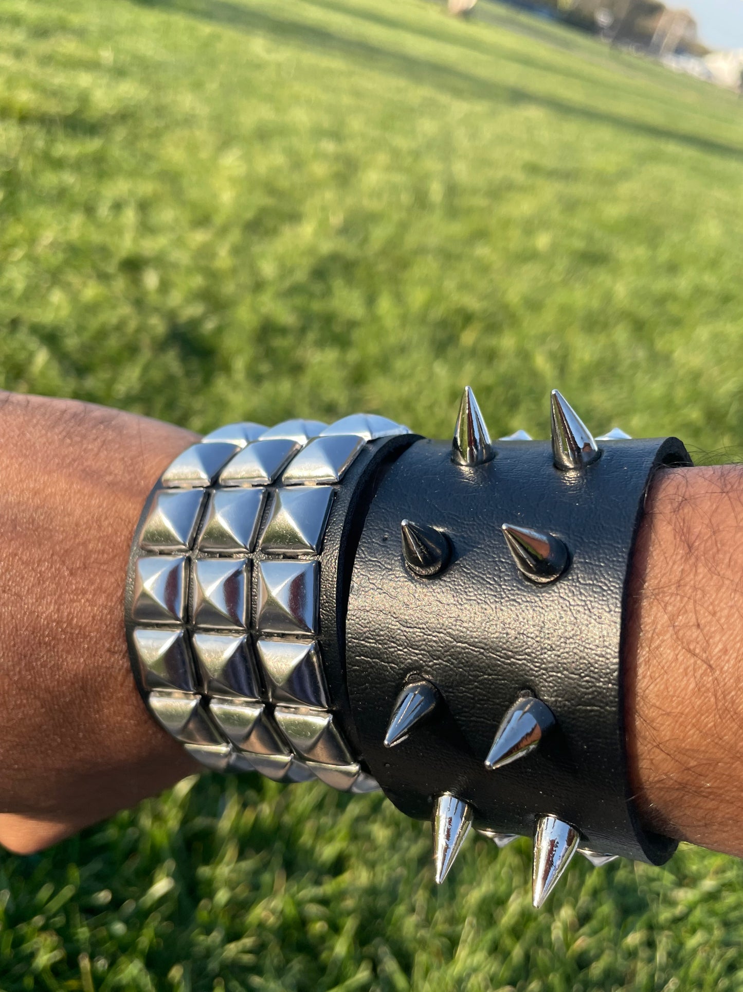 2 PCs Punk silver studded spiked black faux leather bracelet gothic grunge boho emo wristband jewelry unisex