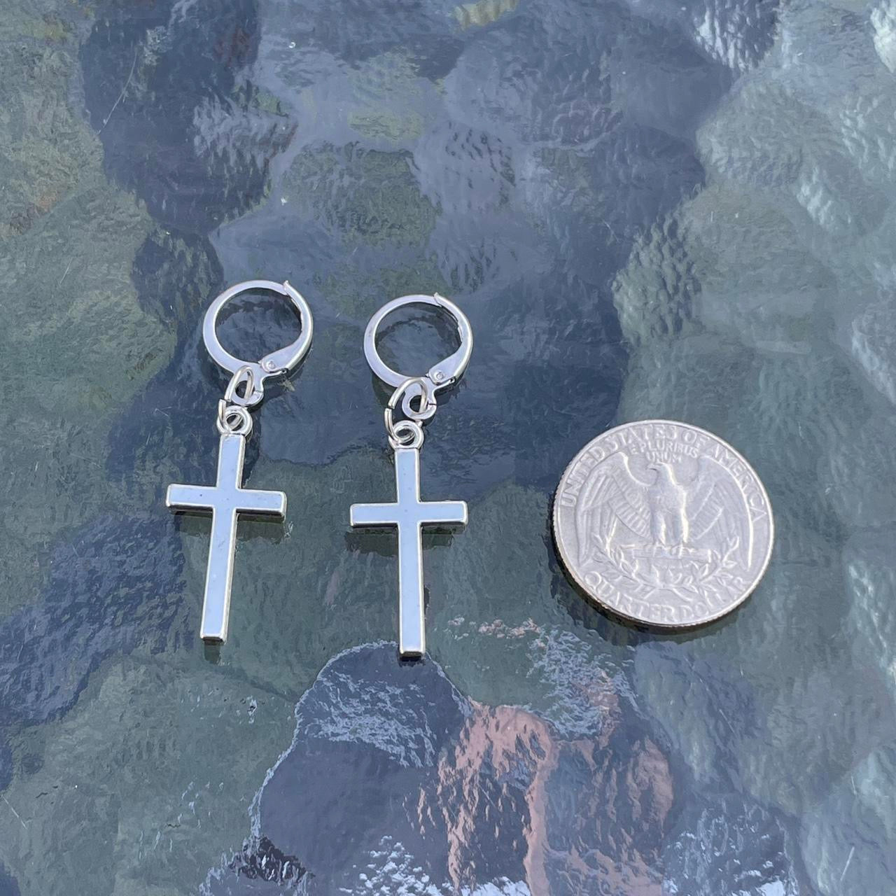 2 PCs  punk Y2K silver cross hoop earrings gothic grunge emo minimalist alternative rock style earrings