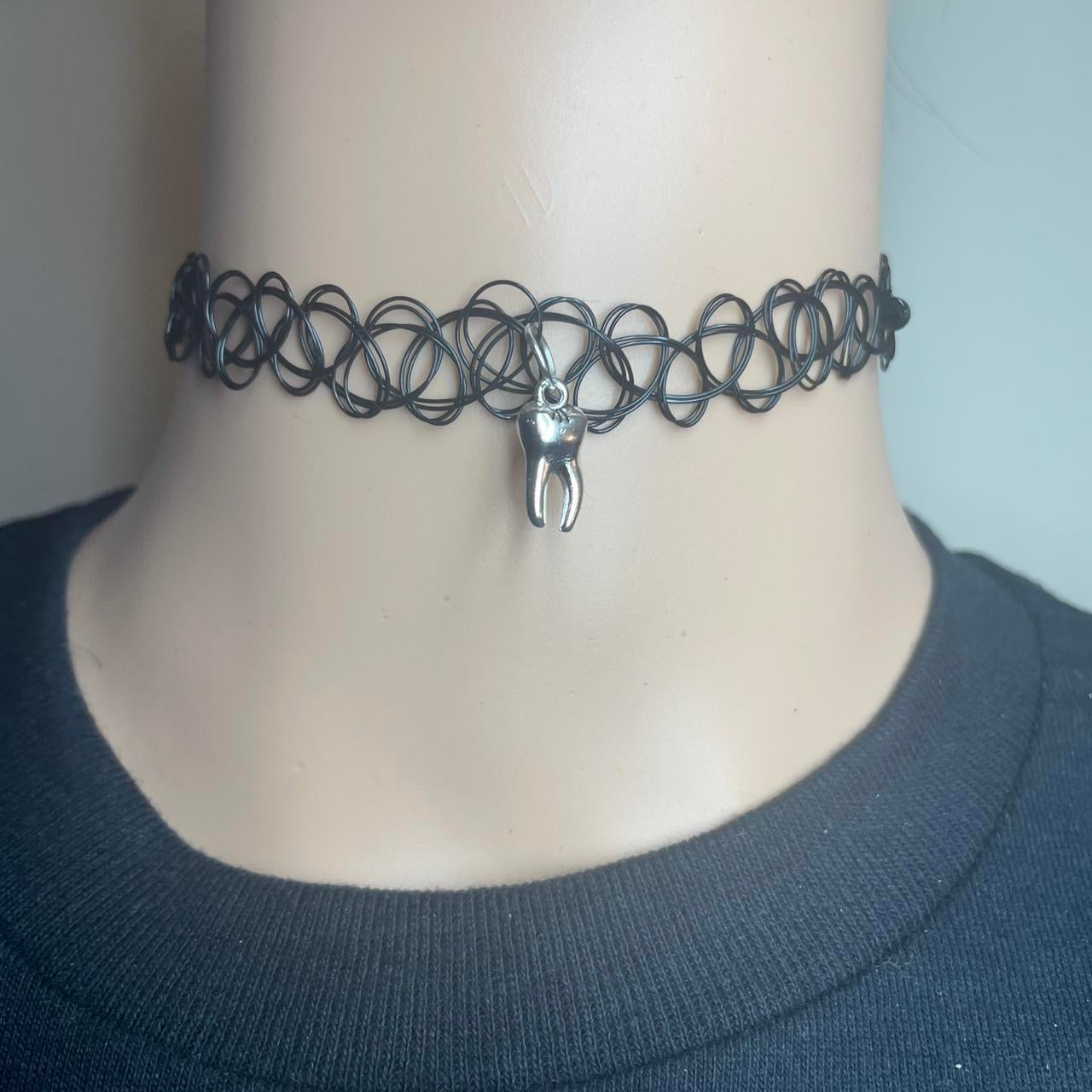 Gothic Punk Black Lace tooth chocker Necklace - silver tooth Collar Style Collarbone Chain, emo grunge boho tribal Short Elegant Minimalist