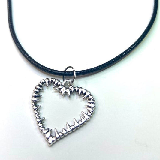 Silver Heart thorns pendant Faux leather necklace , Gothic Grunge jewelry , Emo rock accessories spike thorns necklaces
