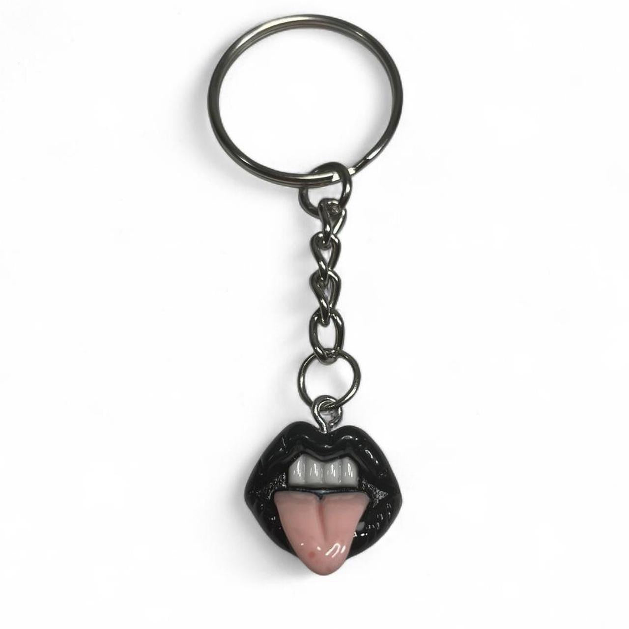Punk Gothic black lips with tongue silver keychain , Punk Emo alternative rock skater keyring , boho y2k fashionable jewelry keychain