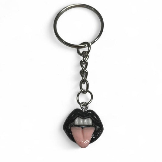 Punk Gothic black lips with tongue silver keychain , Punk Emo alternative rock skater keyring , boho y2k fashionable jewelry keychain