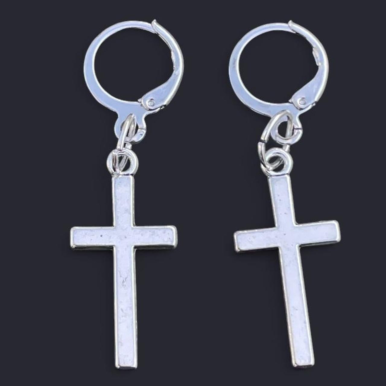 2 PCs  punk Y2K silver cross hoop earrings gothic grunge emo minimalist alternative rock style earrings