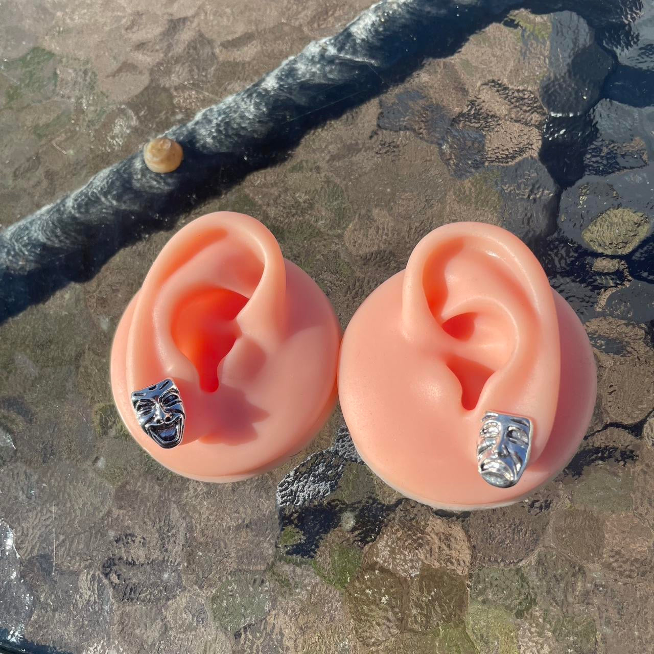 1 pair of vintage Punk gothic silver comedy tragedy mask studs earrings ——laughing crying happy sad face emo grunge boho y2k tribal fashion stud earrings