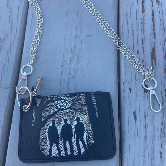 Vintage Gothic Punk Retro Pattern Mini Credit Card Case, PU Leather Wallet , Zipper Women's  or Men Coin wallet With chain , Pouch for wide leg baggy skater rock emo alternative  style