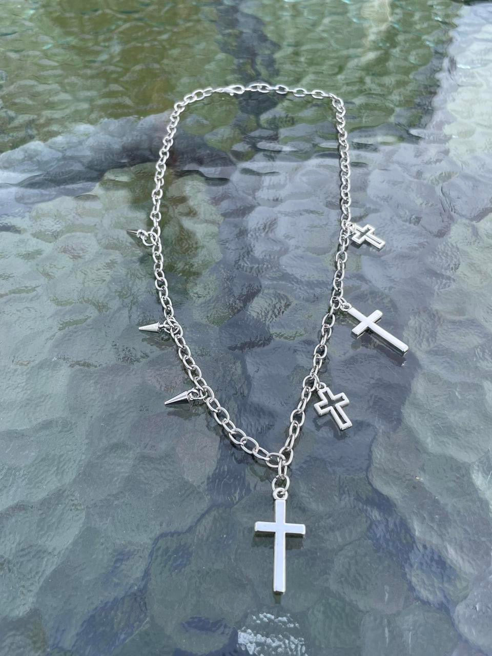 Y2K Punk silver Necklace Boho Grunge Clavicle Chain Unisex necklaces chains jewelry Emo accessories jewelry , silver spikes and silver crosses chain necklace tribal jewelry Halloween