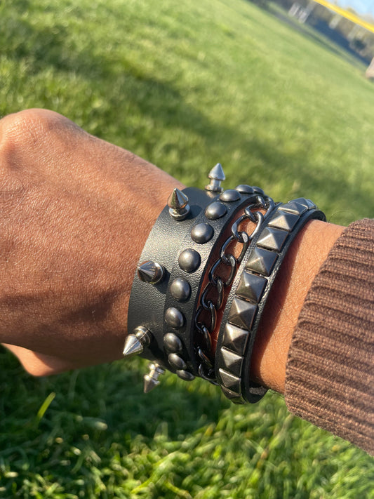 2 PCs punk gothic silver spiked studded and black chain bracelets grunge emo boho Y2K wristbands jewelry