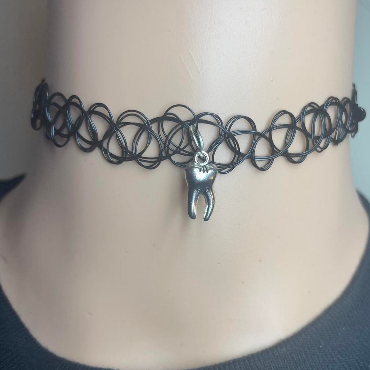 Gothic Punk Black Lace tooth chocker Necklace - silver tooth Collar Style Collarbone Chain, emo grunge boho tribal Short Elegant Minimalist