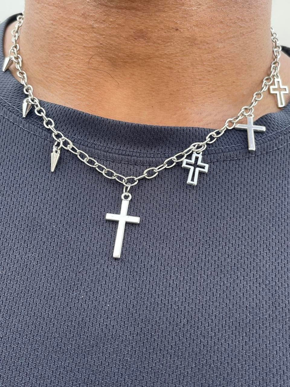 Y2K Punk silver Necklace Boho Grunge Clavicle Chain Unisex necklaces chains jewelry Emo accessories jewelry , silver spikes and silver crosses chain necklace tribal jewelry Halloween