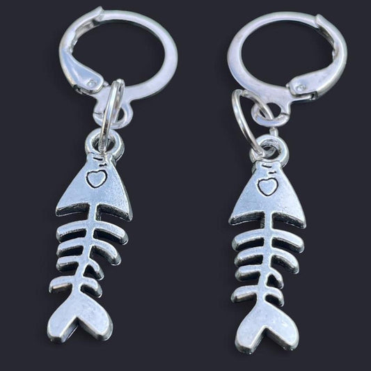 2 PCs Boho punk silver fish bones hoop earrings gothic grunge emo tribal minimalist alternative rock style earrings