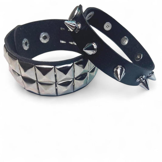 2 PCs faux leather spike studded Bracelets — Silver spike bracelets and silver studded bracelet - Adjustable Punk Cuff Bangle wristband Jewelry Rock —Gothic Punk alternative Emo Grunge Y2K wristbands