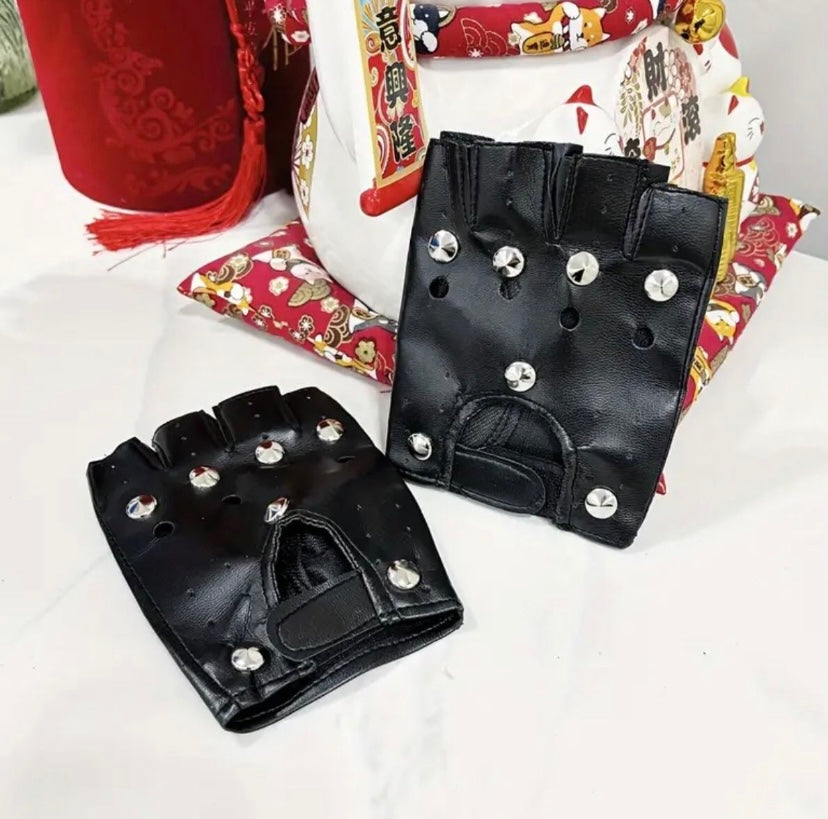 Black Gothic faux leather fingerless gloves with silver studs