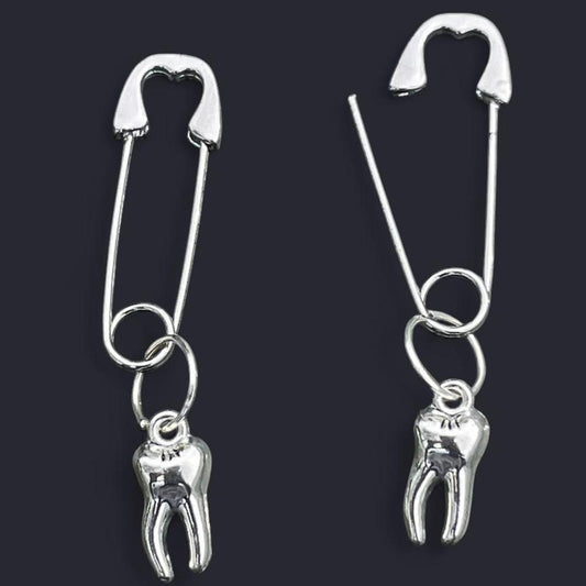 1 Pair of Silver hoop Earrings safety pin style with tooth pendants HANDMADE , Unique Elegant Punk Gothic Style silver safety Pin design hoop earrings with silver teeth , silver pin with silver tooth
