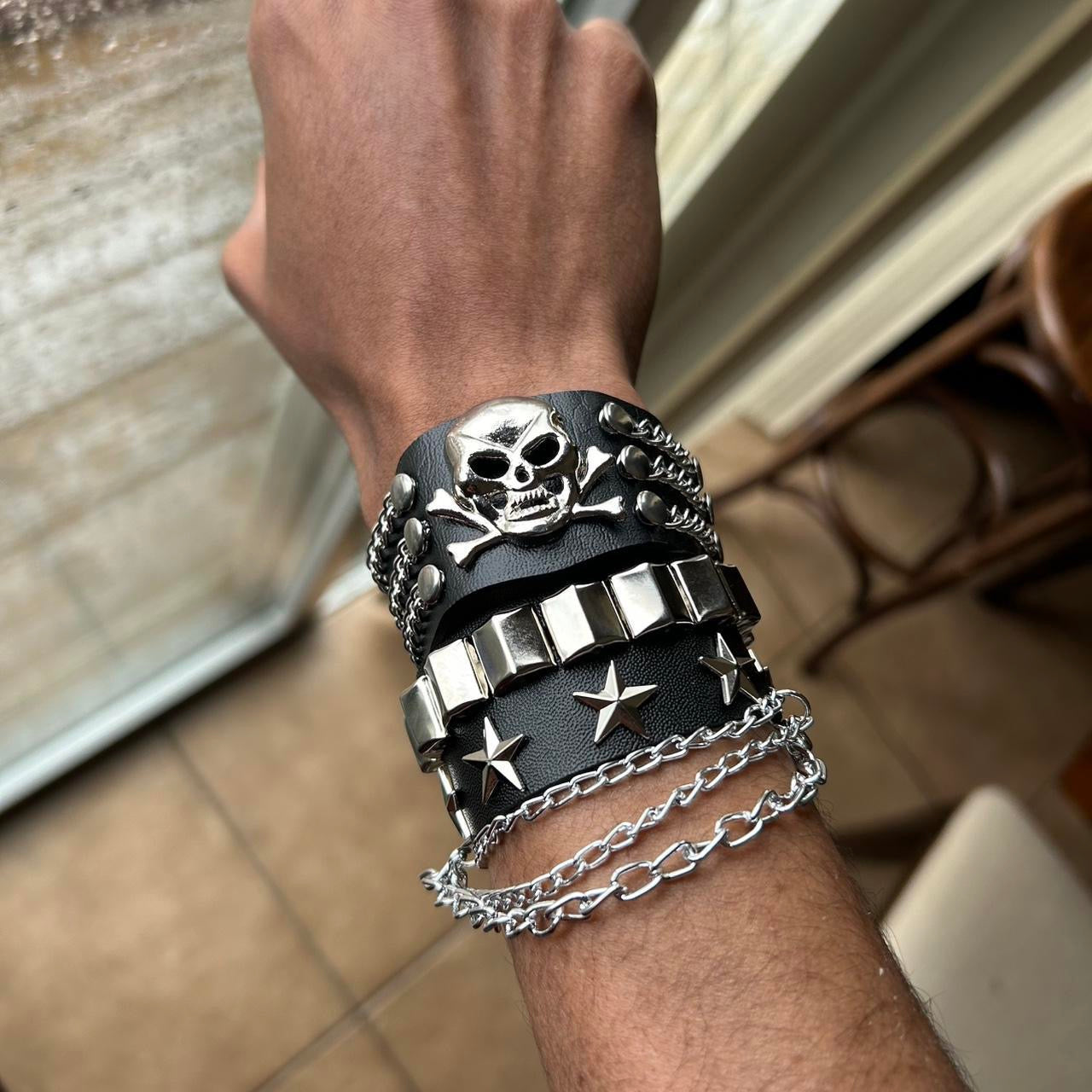 2 PCs Punk silver skull head bones and chains Stars studded faux leather bracelets gothic grunge emo boho pirate alternative rock style wristbands