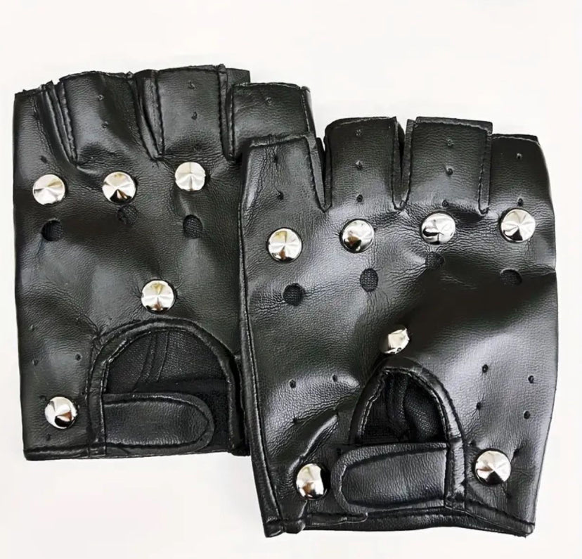 Black Gothic faux leather fingerless gloves with silver studs