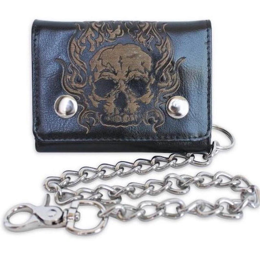 No boundaries men’s chain skull gothic wallet  - black leather biker Punk wallet Emo with skull design with 2 credit cards slots , 2 bills slot and a coin pocket.  Including a detachable chain. Punk Emo wallet for men women unisex