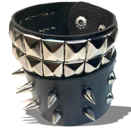 2 PCs faux leather spike studded Bracelets — Silver spike bracelets and silver studded bracelet - Adjustable Punk Cuff Bangle wristband Jewelry Rock —Gothic Punk alternative Emo Grunge Y2K wristbands
