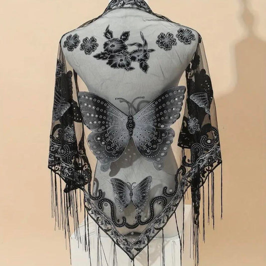 Black Bohemian Style Triangle Scarf Butterfly Flower lace design Embroidery Lace Tassel Shawl Elegant Breathable- 29.5"×55.1" - Sun-Proof Tassel Shawl for All Seasons, Ladies Gothic Sexy Fishnet Bodysuit , Punk Lace Emo grunge Clothing for women
