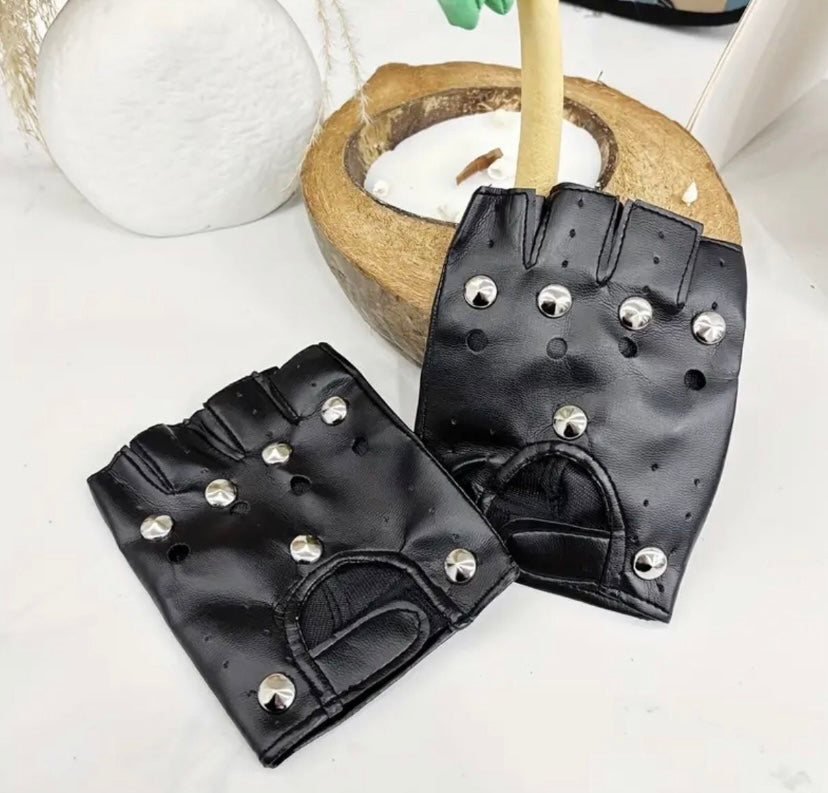 Black Gothic faux leather fingerless gloves with silver studs