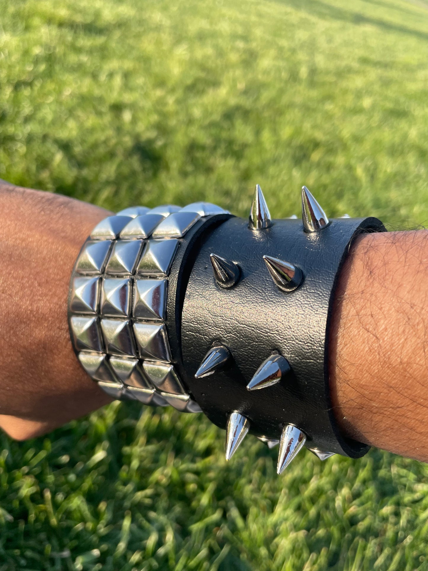 2 PCs Punk silver studded spiked black faux leather bracelet gothic grunge boho emo wristband jewelry unisex