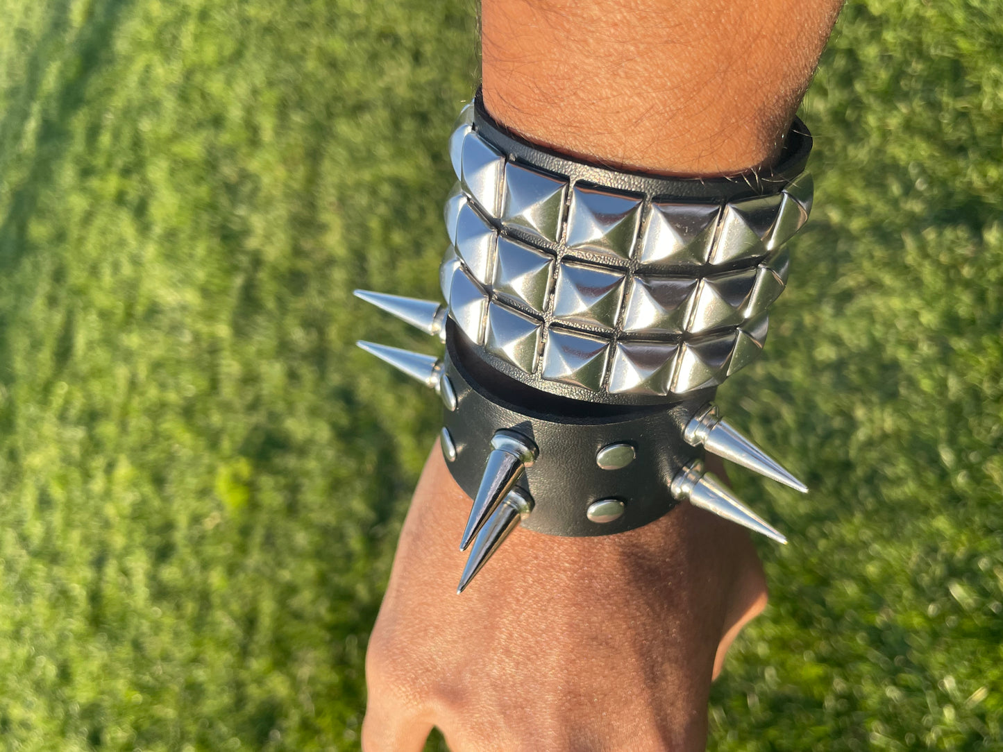 2 PCs Punk silver studded spiked black faux leather bracelet gothic grunge boho emo wristband jewelry unisex