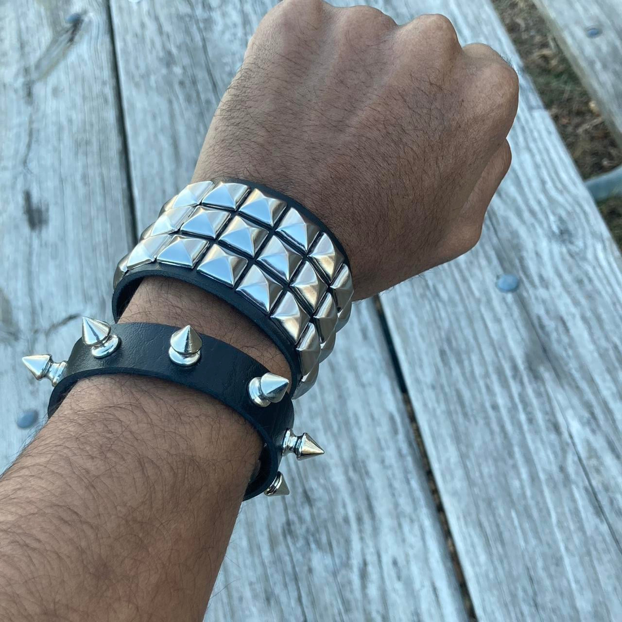 2 PCs faux leather spike studded Bracelets — Silver spike bracelets and silver studded bracelet - Adjustable Punk Cuff Bangle wristband Jewelry Rock —Gothic Punk alternative Emo Grunge Y2K wristbands jewelry