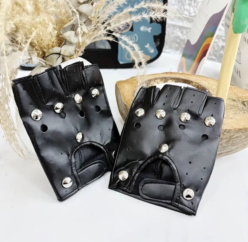 Black Gothic faux leather fingerless gloves with silver studs
