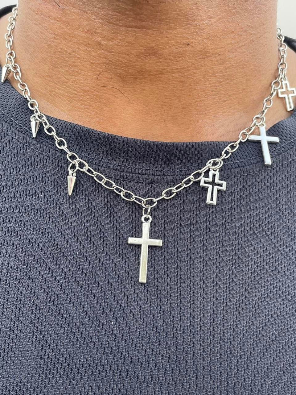 Y2K Punk silver Necklace Boho Grunge Clavicle Chain Unisex necklaces chains jewelry Emo accessories jewelry , silver spikes and silver crosses chain necklace tribal jewelry Halloween