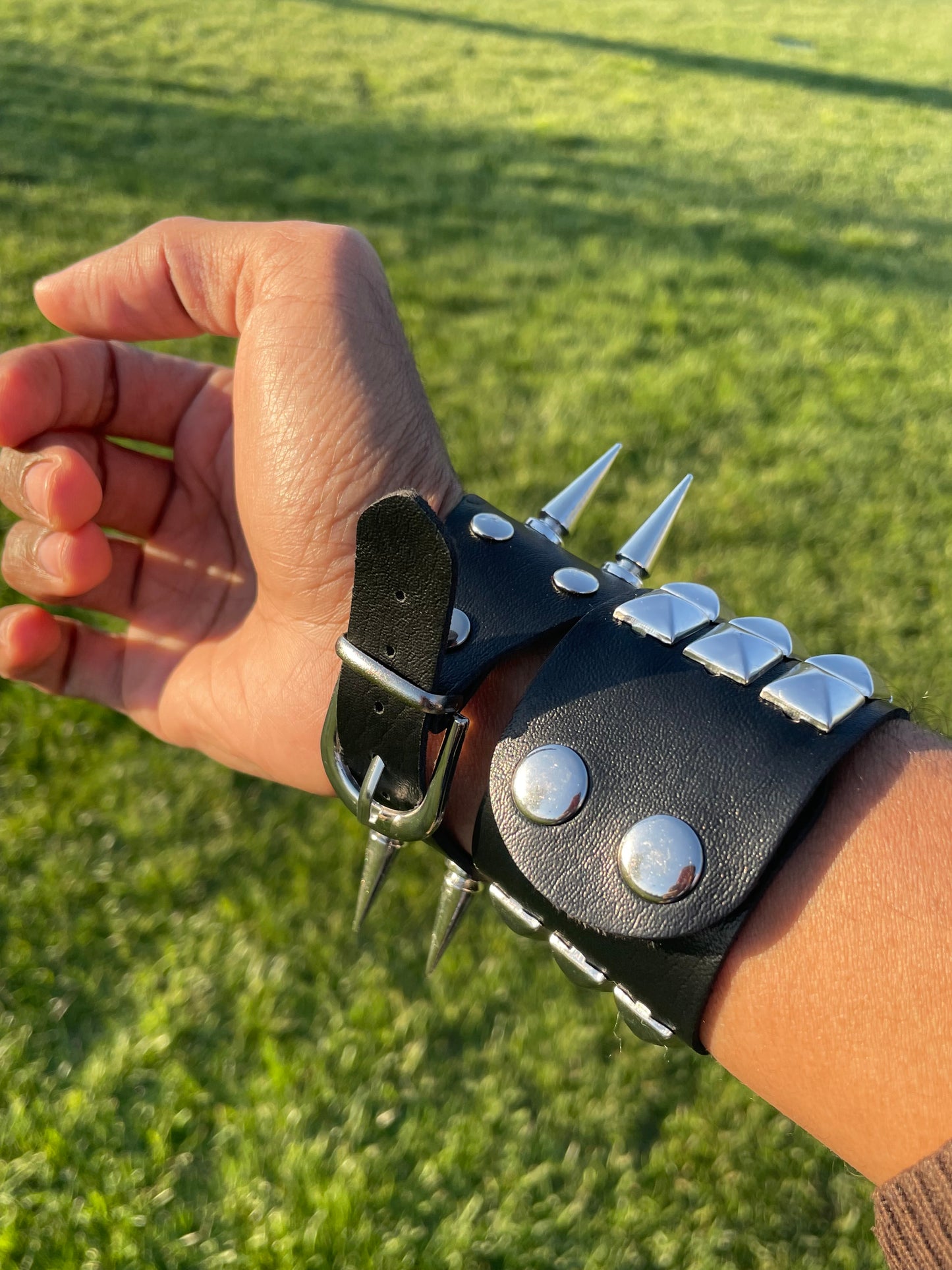 2 PCs Punk silver studded spiked black faux leather bracelet gothic grunge boho emo wristband jewelry unisex