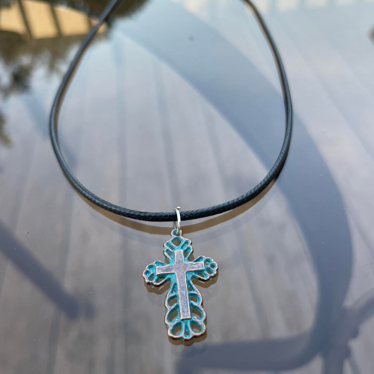 HANDMADE Gothic Cross Necklace with black Faux Leather cord - Cool & Chic Antique Silver Cross Pendant Necklace with black Faux Leather Rope - Adjustable, Versatile Gift for Punk grunge Fashion Jewelry necklace