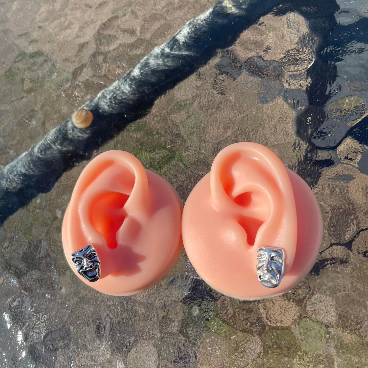1 pair of vintage Punk gothic silver comedy tragedy mask studs earrings ——laughing crying happy sad face emo grunge boho y2k tribal fashion stud earrings