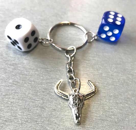 Silver Bull Cow and Dice Keychain - Tribal Bull with White dice and Blue dice Keychain - Gothic Punk Y2K accessories