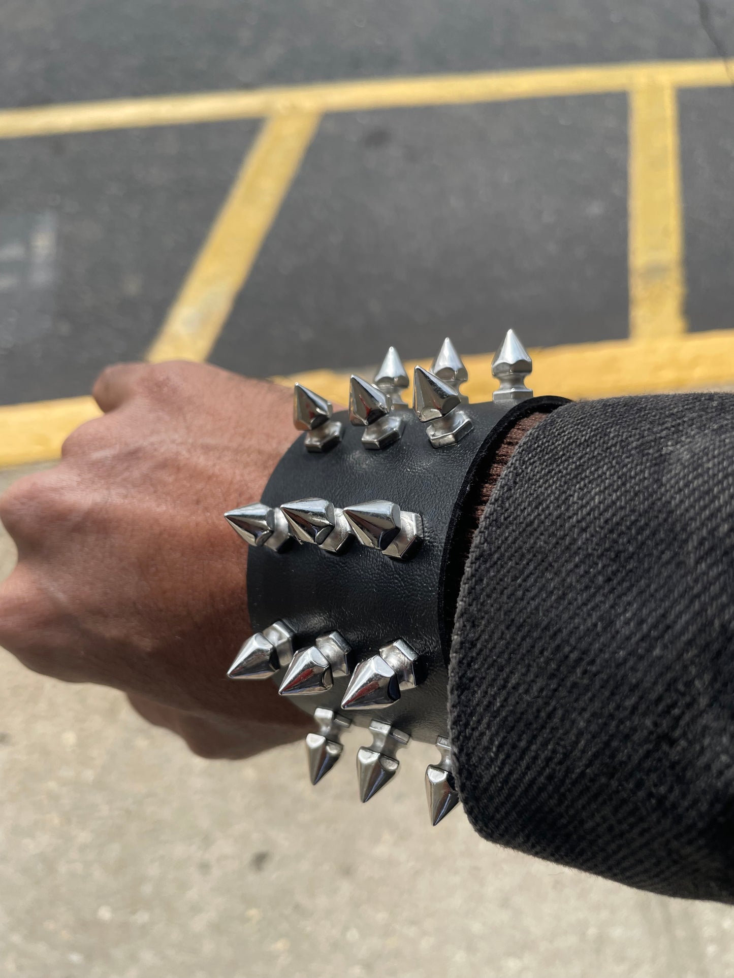 Punk Y2K silver spiked studded black faux leather bracelet gothic grunge boho emo wristband jewelry unisex