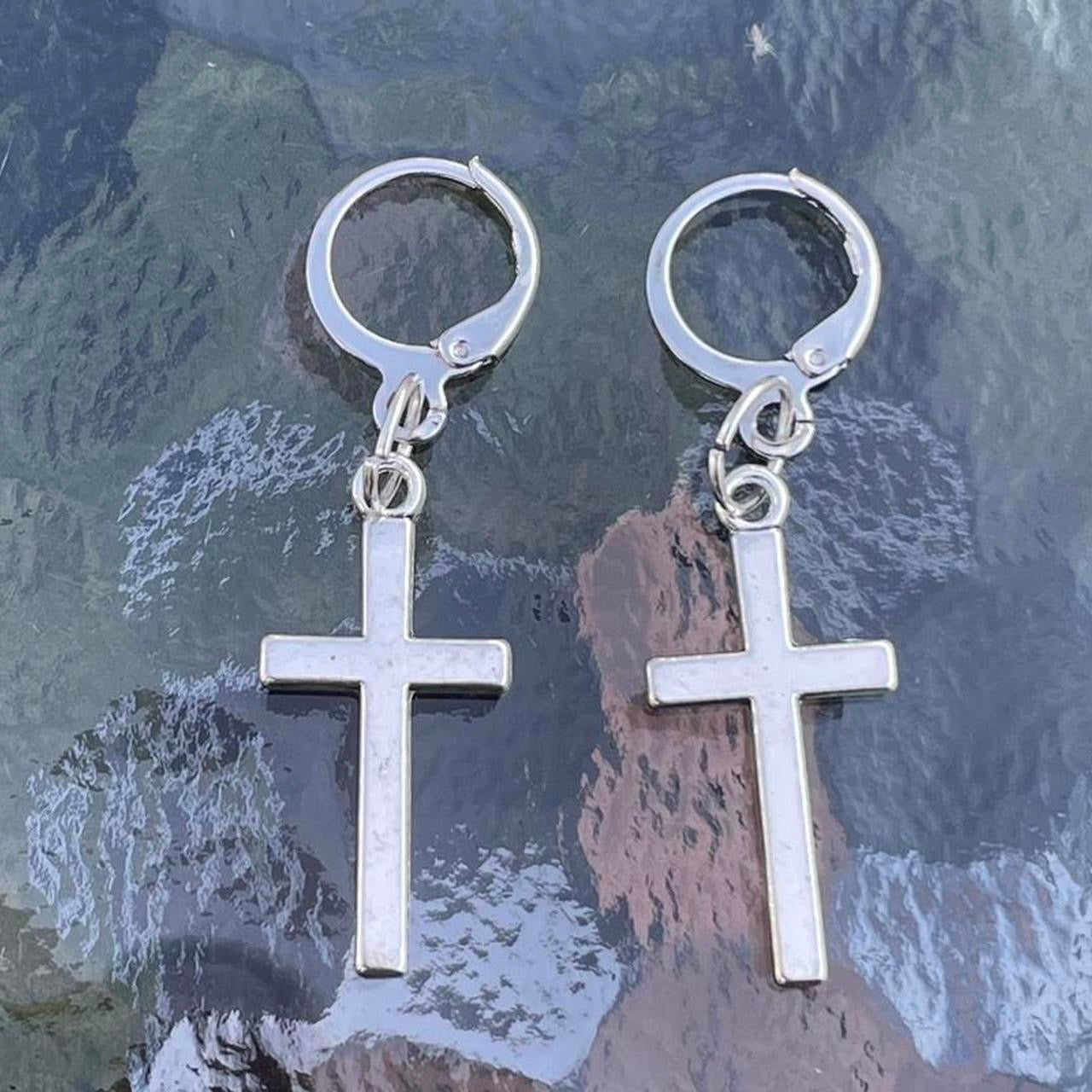 2 PCs  punk Y2K silver cross hoop earrings gothic grunge emo minimalist alternative rock style earrings