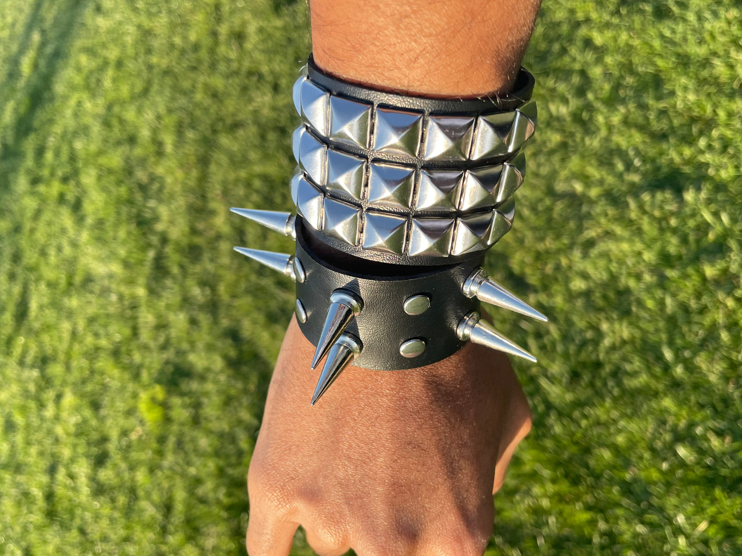2 PCs Punk silver studded spiked black faux leather bracelet gothic grunge boho emo wristband jewelry unisex