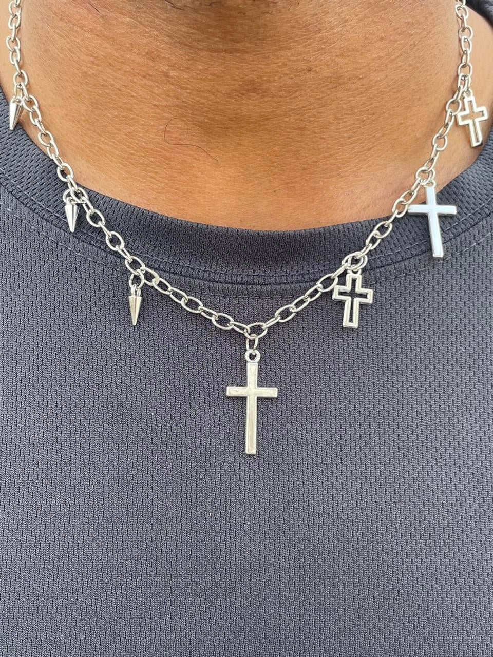 Y2K Punk silver Necklace Boho Grunge Clavicle Chain Unisex necklaces chains jewelry Emo accessories jewelry , silver spikes and silver crosses chain necklace tribal jewelry Halloween