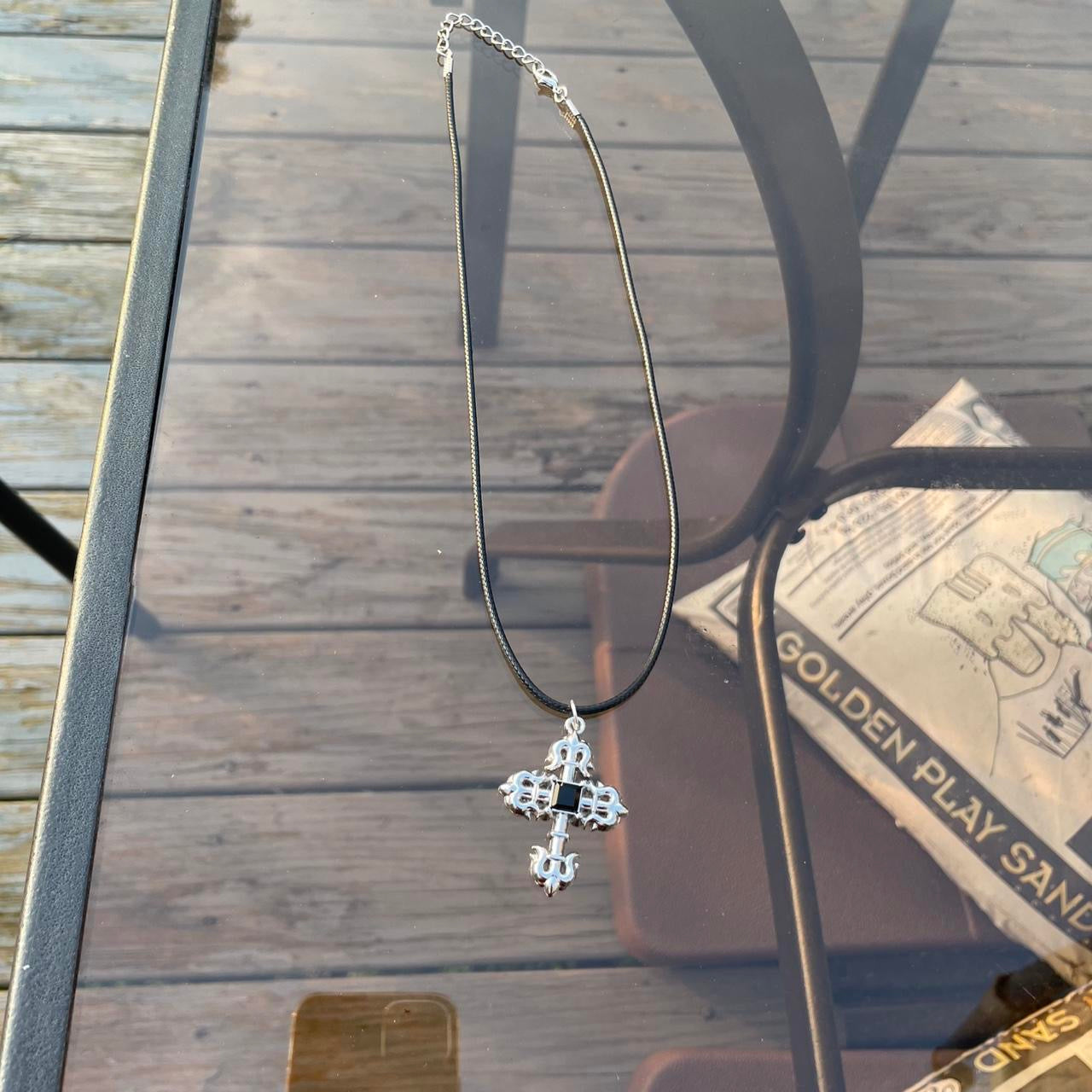 HANDMADE Gothic Silver Cross with Black stone Necklace with black Faux Leather cord - cross pendant - Cool & Chic Antique Cross Pendant - Punk Emo Boho Tribal jewelry style - Adjustable