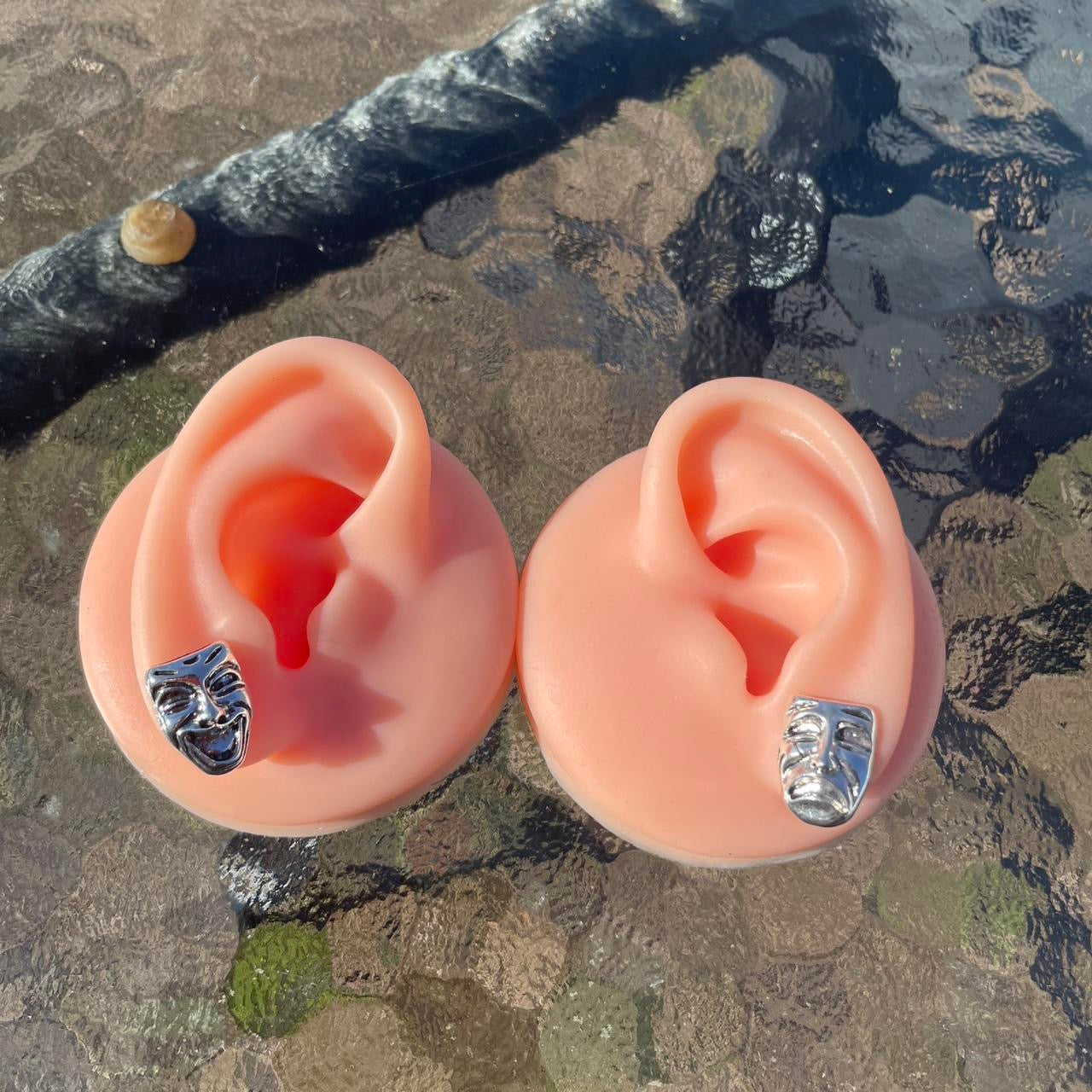1 pair of vintage Punk gothic silver comedy tragedy mask studs earrings ——laughing crying happy sad face emo grunge boho y2k tribal fashion stud earrings