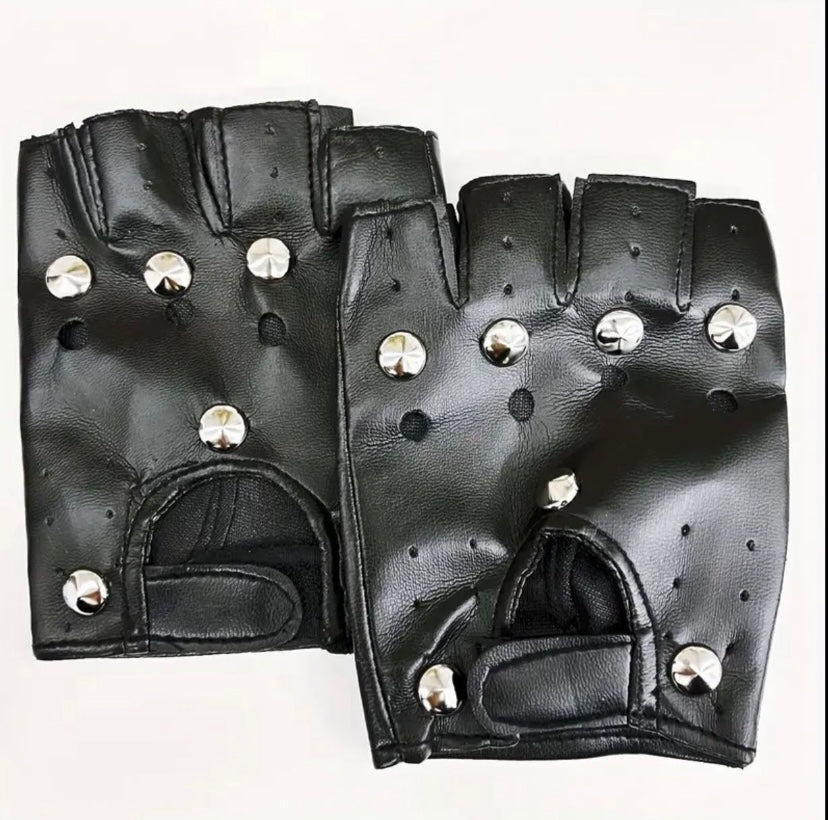 Black Gothic faux leather fingerless gloves with silver studs