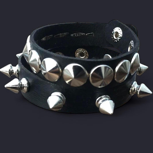 2 PCs faux leather spike studded Bracelets — Silver spike bracelets and silver studded bracelet - Adjustable Punk Cuff Bangle wristband Jewelry Rock —Gothic Punk alternative Emo Grunge Y2K wristbands