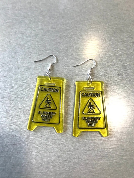 Yellow Caution Sign earrings , Drop and dangle earrings ,  Caution sign Slippery floor earrings style - Cute funky earrings